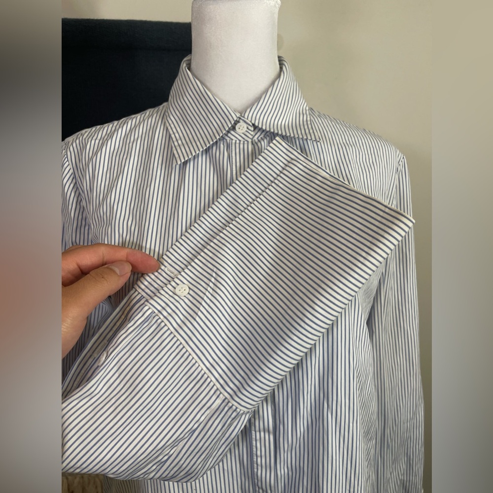 Lewit Blue Striped Poplin Button Down Exaggerated Cuff Boyfriend Shirt M - Picture 6 of 13